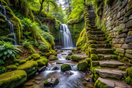 Beautiful waterfall in a forest in the rainforest of Madeira island, Portugalの素材