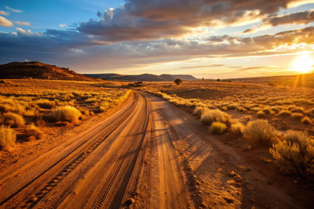 Sunset over a desert road in the Mojave Desert, Californiaの素材