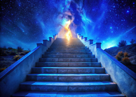 Staircase leading to the sky with a bright starry backgroundの素材