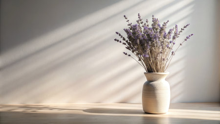 Lavender bouquet in vase on wooden table with sunlightの素材