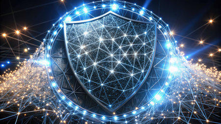 3D rendering of a cyber security concept with a network and a shieldの素材