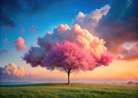 Beautiful spring landscape with blooming tree and clouds at sunset.の素材