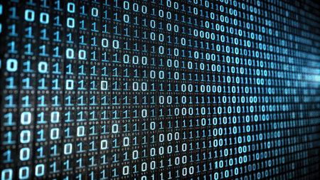 Blue binary code on a black background. 3d rendering, 3d illustration.の素材