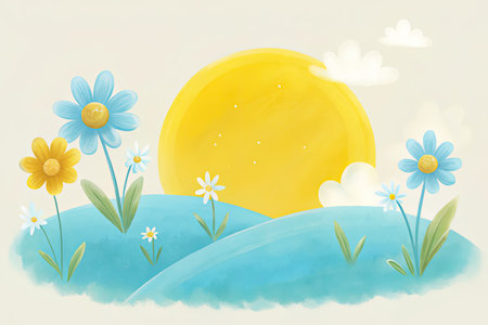 Summer landscape with sun and flowers. Vector illustration. Eps 10.の素材
