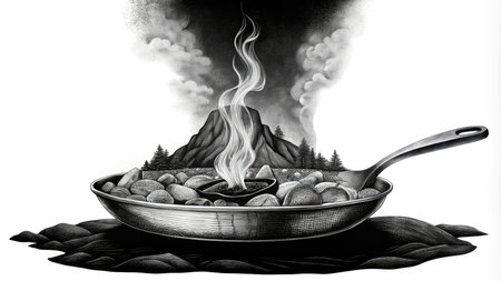 Black and white illustration of a frying pan full of hot coal.の素材