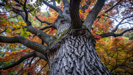 Old oak tree in the autumn forest with colorful leaves. Beautiful autumn landscape.の素材