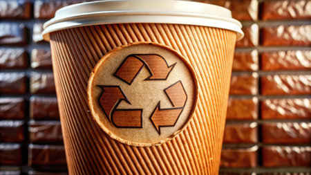 Paper cup of coffee with recycle sign on brick wall background, closeupの素材