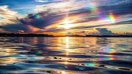 Beautiful sunset on the lake with rainbow in the sky. Nature backgroundの素材