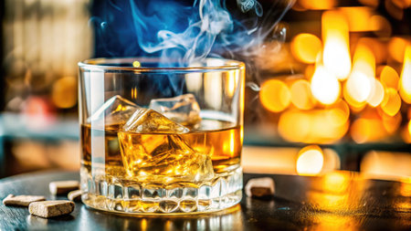 Glass of whiskey with ice cubes on the rocks and smoke in the barの素材