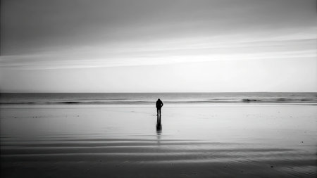 Silhouette of a man walking on the beach at sunset.の素材