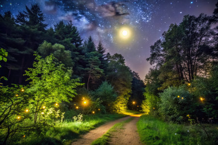 Night view of the forest road with starry sky and milky wayの素材