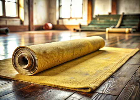 Rolled up yoga mat on wooden floor in gym. Yoga conceptの素材