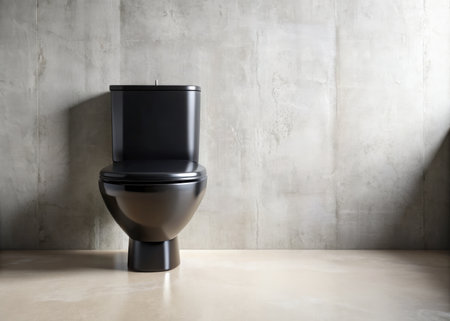 Black toilet bowl in modern bathroom interior with concrete wall and floor.の素材