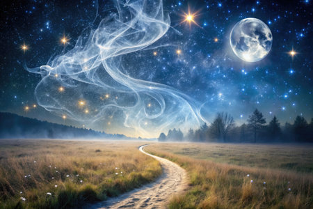 Mystical landscape with a road leading to the moon and starsの素材