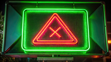 Neon warning sign on the street. Neon sign in the city.の素材