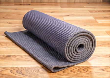 Rolled up yoga mat on wooden floor. Yoga studio equipment.の素材