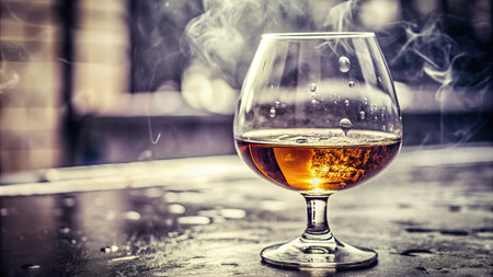 Cognac or brandy in a glass on a terrace with smokeの素材