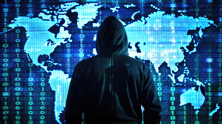 Hooded hacker in front of digital world map. Cybercrime conceptの素材