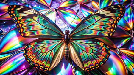 Butterfly in the form of a rainbow on a colorful background.の素材