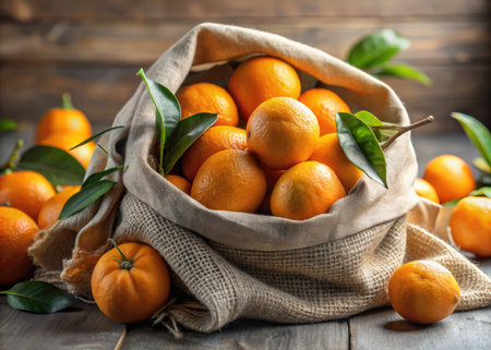 Fresh tangerines with leaves in a bag on a wooden backgroundの素材