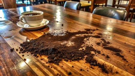 Coffee cup and coffee beans on wooden table in coffee shopの素材
