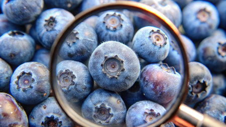 Blueberries and magnifying glass, close-up, top viewの素材
