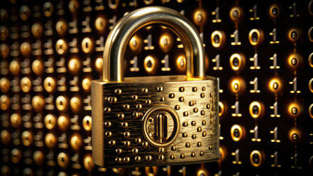 Locked padlock on binary code background. Security concept. 3D Renderingの素材