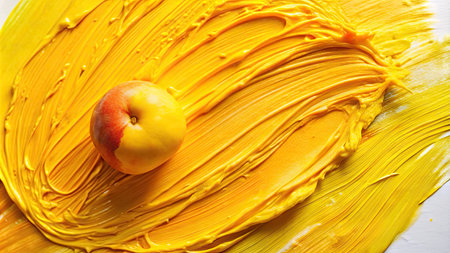 peach on a background of yellow paint, close-up.の素材
