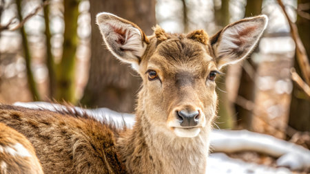 Portrait of a young female deer in the forest in winter.の素材