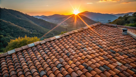 Sunset over the roofs of houses in the mountains. Tuscany, Italyの素材