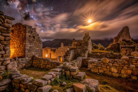 Night view of the ruins of an ancient village in the mountains.の素材
