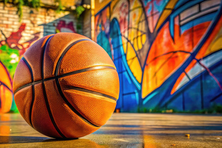 Basketball ball in front of a graffiti wall. Outdoor shot.の素材