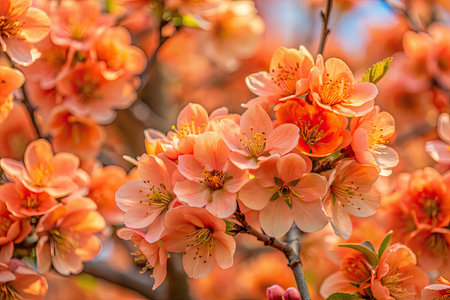Branch of blossoming Japanese quince tree with pink flowers.の素材