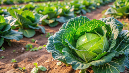 Cabbage growing in the field, Organic farming and agriculture concept.の素材