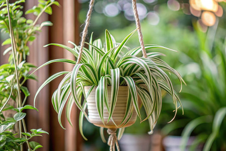 Green plant in pot hanging on the wall. Home garden decoration.の素材