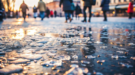 Ice on the frozen river in the city at sunset. Blurred backgroundの素材