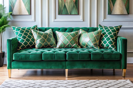 Green sofa with green pillows in living room, interior design conceptの素材