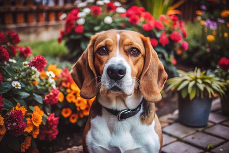 Cute Beagle dog sitting in front of flowers in the gardenの素材