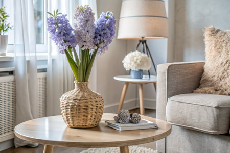 Vase with hyacinths on table in living room interiorの素材