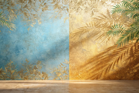 Grunge blue wall with palm leaves and shadow. 3d renderingの素材