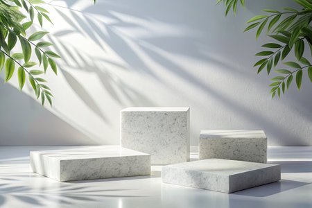 3d render of white marble podium on white background with shadow overlayの素材