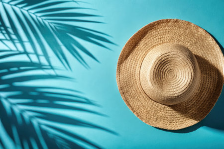 Summer straw hat on blue background with palm leaves shadow. Flat lay.の素材
