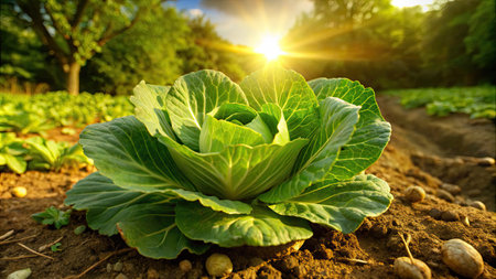 Cabbage growing on the field with sunbeams in the backgroundの素材
