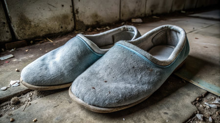 Old slippers in a dirty room. Selective focus. Toned.の素材