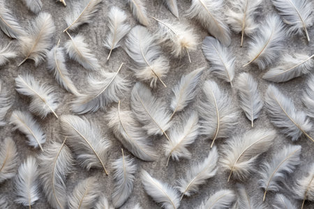 Feathers of a bird on a gray background, top viewの素材