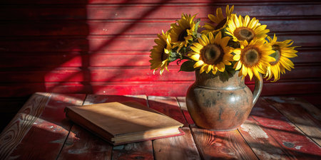Still life with sunflowers and old book on a wooden tableの素材