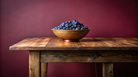 Blueberries in a bowl on a rustic wooden table against a red wallの素材