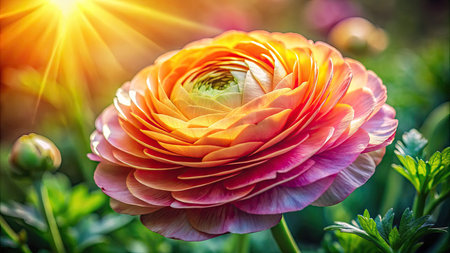Beautiful colorful ranunculus flower in the garden on a sunny dayの素材