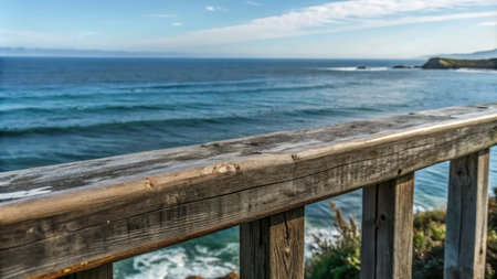 Wooden fence at the beach with the ocean in the background.の素材