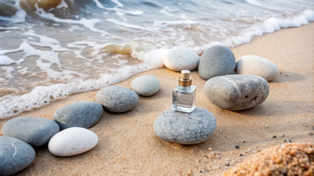 Perfume bottle on the beach with stones and sea wave.の素材